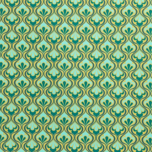 Polyester stretch met groen / blauw golvend retro patroon