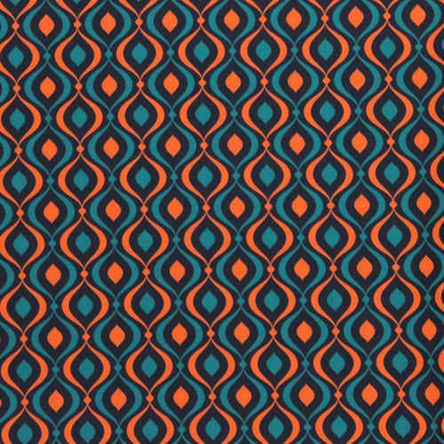 Polyester stretch met petrol/ oranje golvend  retro patroon