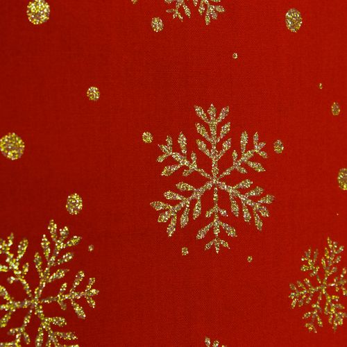 Katoen rood met gouden sneeuwvlokken  - glinsterend -