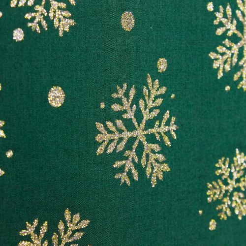 Katoen groen met gouden sneeuwvlokken  - glinsterend -