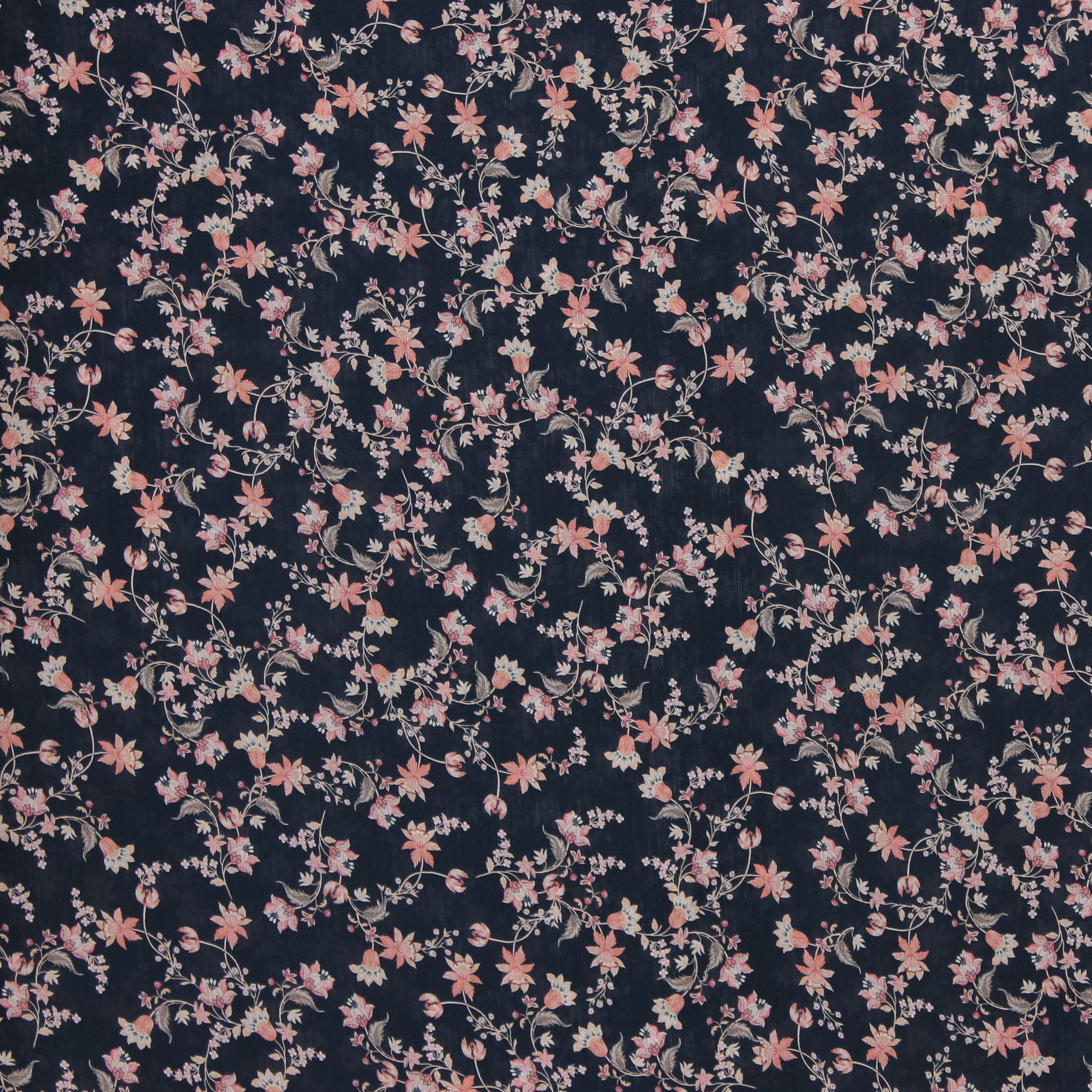 Doorschijnende zwarte polyester voile met roze bloemen