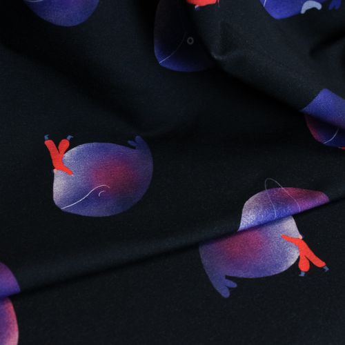 French terry zwart met paarse walvissen 'Whale Riders' - Capsule Fabrics