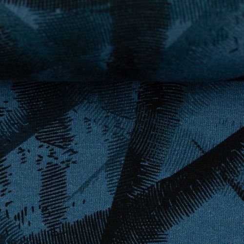 French terry blauw met zwart patroon