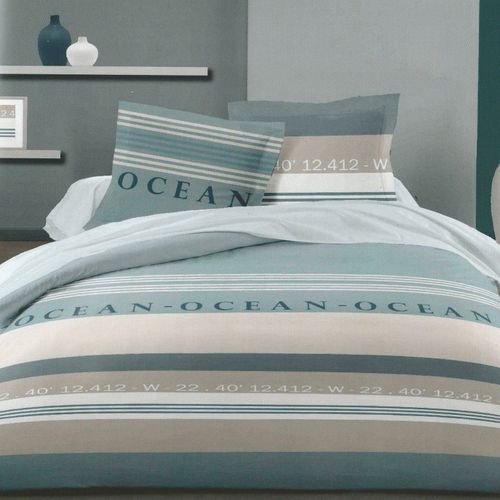Lakenstof katoen met blauw en beige print 'Ocean'