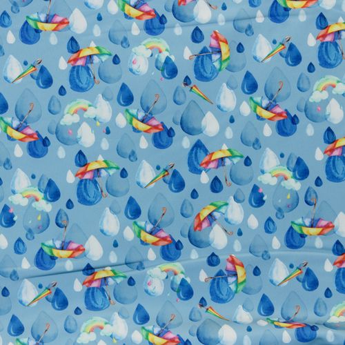 Softshell blauw met regendruppels, paraplu's en regenbogen