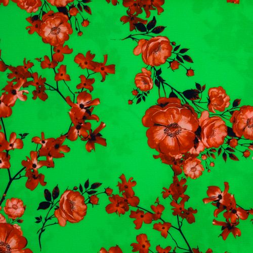 Polyester groen met rode bloemen