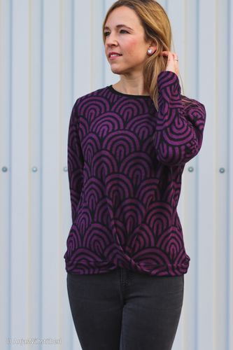 Zachte jacquard tricot paars met zwarte bogen 'Emily'