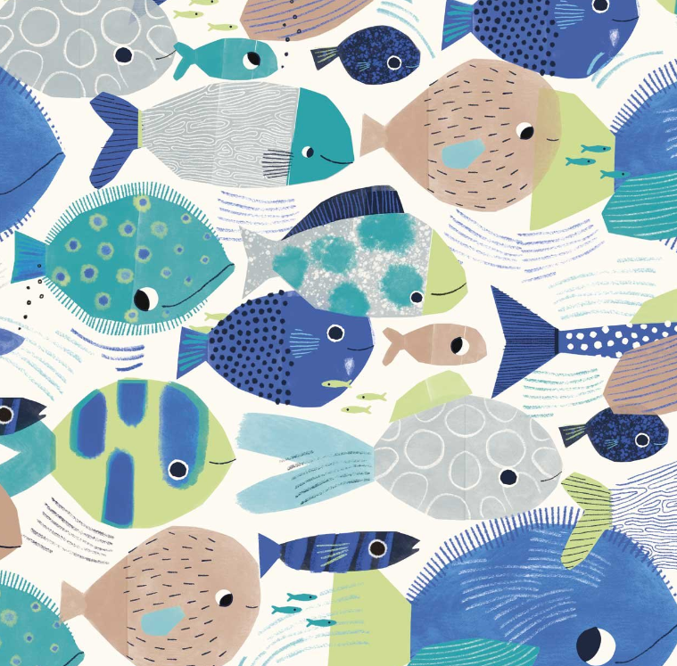 Tricot wit met blauwe vissen   - Katia Fabrics