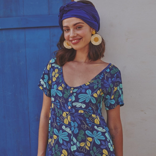 Viscose donkerblauw met blaadjes  - Katia Fabrics