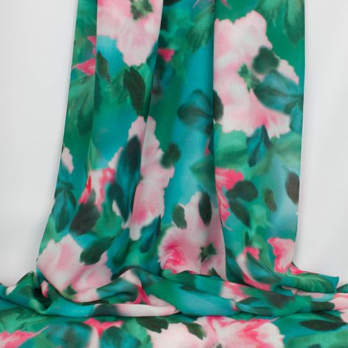 Polyester voile linnenlook groen met wazige bloemen print - Knipmode & A La Ville