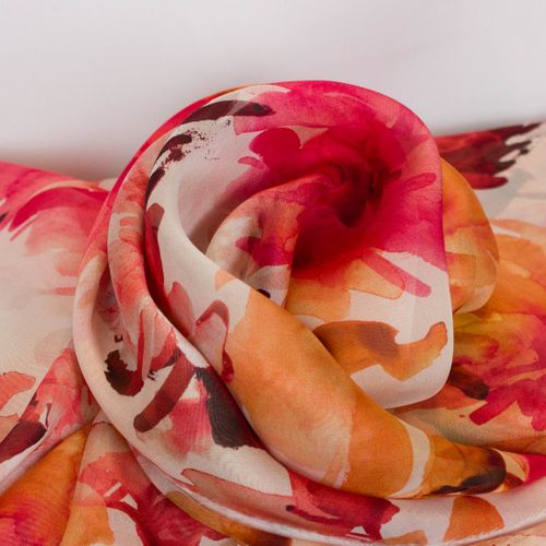 Chiffon voile zijde gebroken wit met rood en oranje bloemen in inkt aquarel - Alta Moda