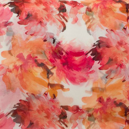 Chiffon voile zijde gebroken wit met rood en oranje bloemen in inkt aquarel - Alta Moda