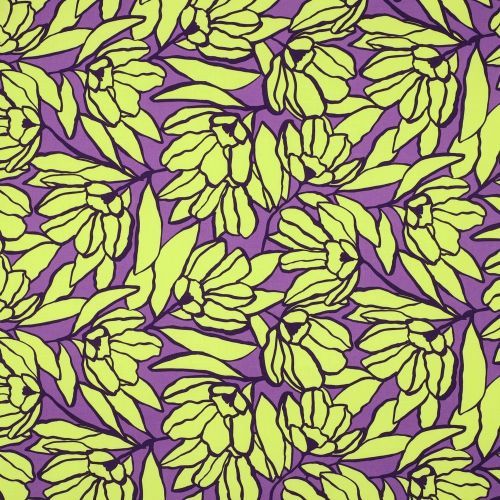 Lenzing Ecovero paars met neon groene bloemen © 2024 Verhees Textiles 