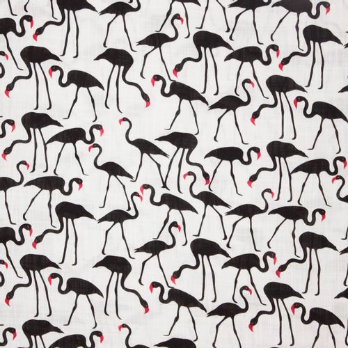 Katoen viscose wit zwart flamingo motief