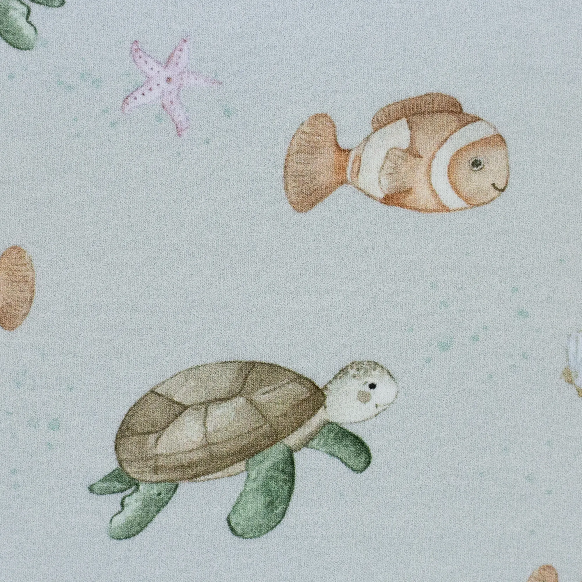 Tricot lichtgroen met schildpadden en vissen 'Beach'
