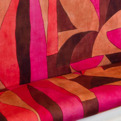 Italiaanse satijn katoen stretch rood bruin geometrische print