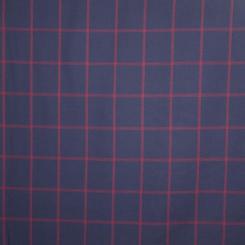 Blauwe katoen-polyester met rode ruiten