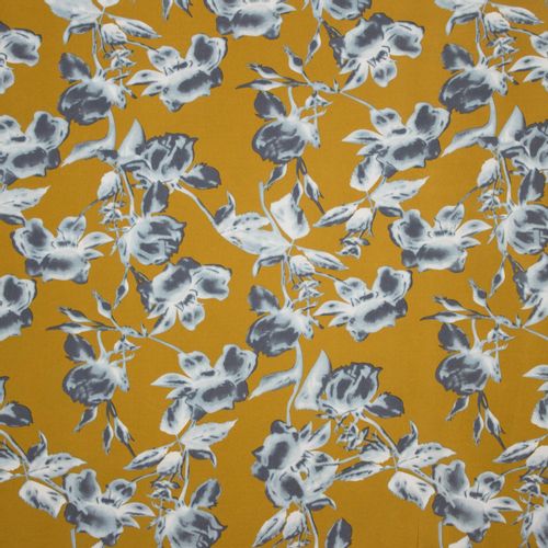 Mosterdgele soepele polyester stretch met bloemenmotief