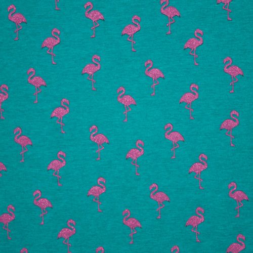 Lichte french terry in groen met roze flamingo's
