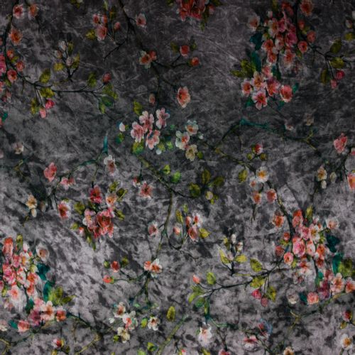 Stretch velours/Fluweel in grijs met roze bloemen