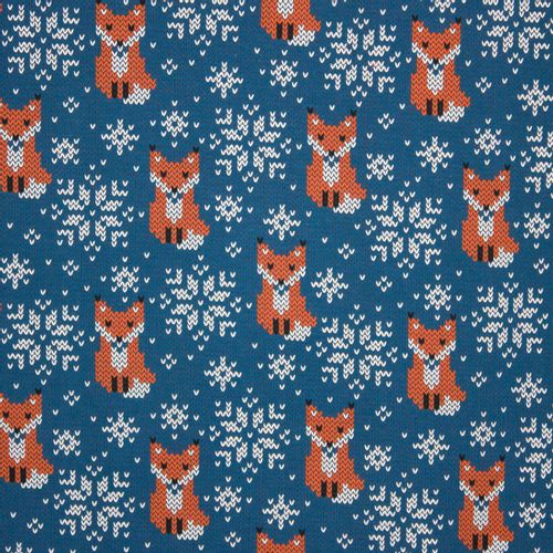 blauwe tricot met vosjes en sneeuwkristallen gevormed met v motiefjes