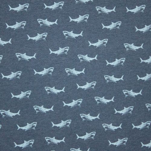 Donkerblauwe sweaterstof met gebrushte  achterkant, met haaien