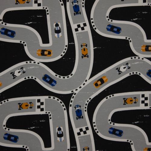 Zwarte sweaterstof met patroon van straten in grijs met auto's (geel en blauw)