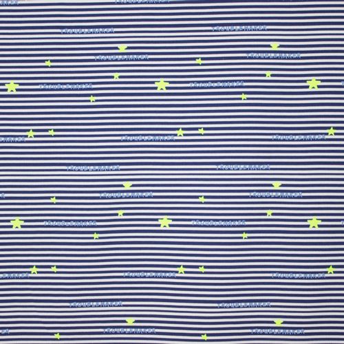 Blauw en wit gestreepte tricot met fluogele sterren en tekst  'TROUBLEMAKER'