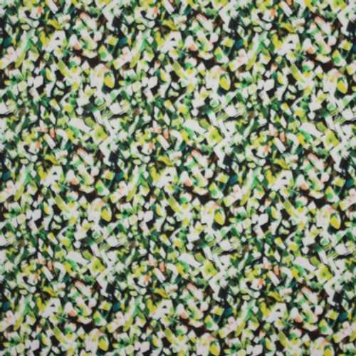 Stretch polyester met abstract motief in groen, wit, geel, zwart en roest