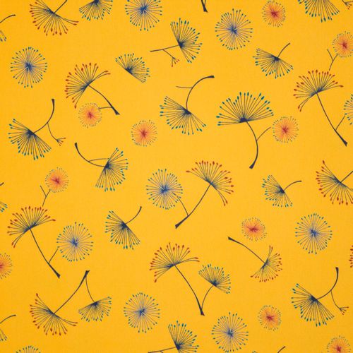 Gele polyester met pluisbloemen motief