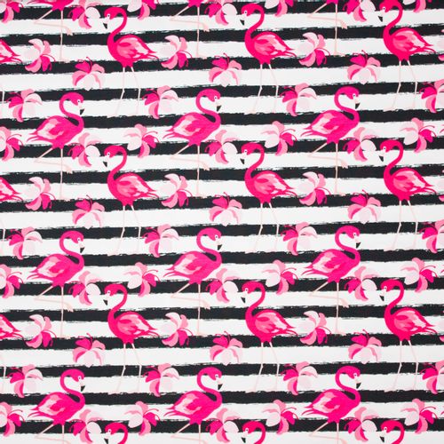 Tricot met wit en zwarte strepen en flamingo's