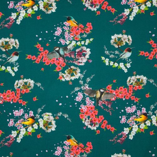Groene sweaterstof met vogel en bloemen motief van 'Megan Blue Fabrics'