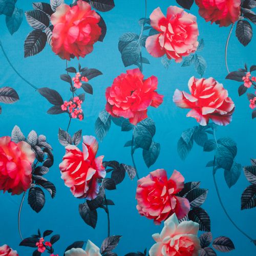 Turquoise polyester met bloemen motief