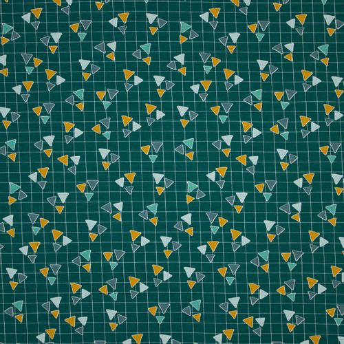 Groene tricot met fijne witte ruitjes patroon en driehoeken motief