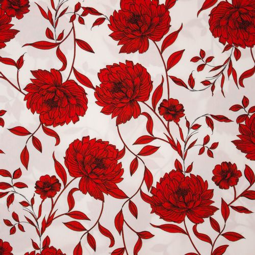 Witte polyester met rood bloemen motief