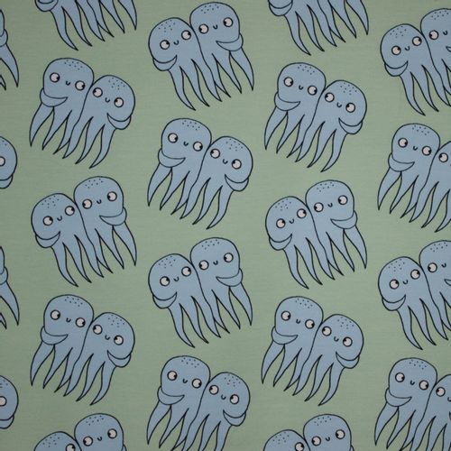 Lichtgroene french terry met lichtblauwe octopussen van Eva Mouton