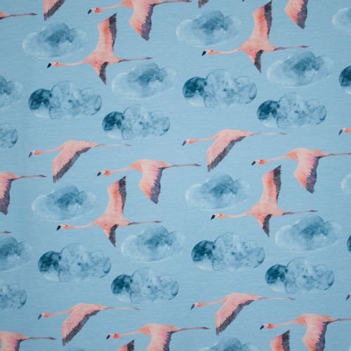 Lichtblauwe tricot met flamingo's en wolken