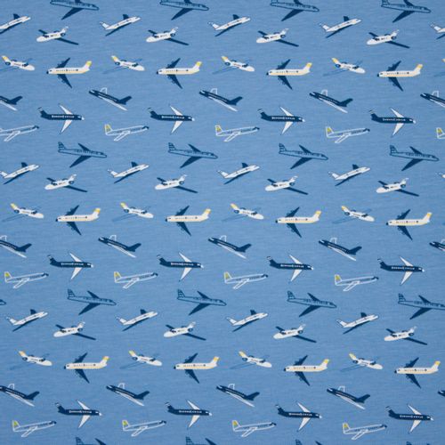 Blauwe tricot met vliegtuigen