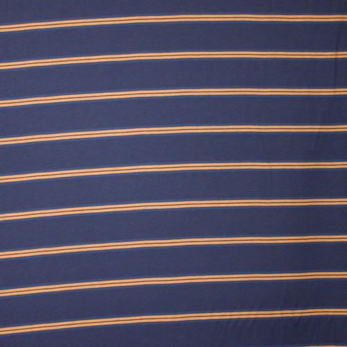 Donkerblauwe viscose - polyester mengeling met lichtbruine strepen