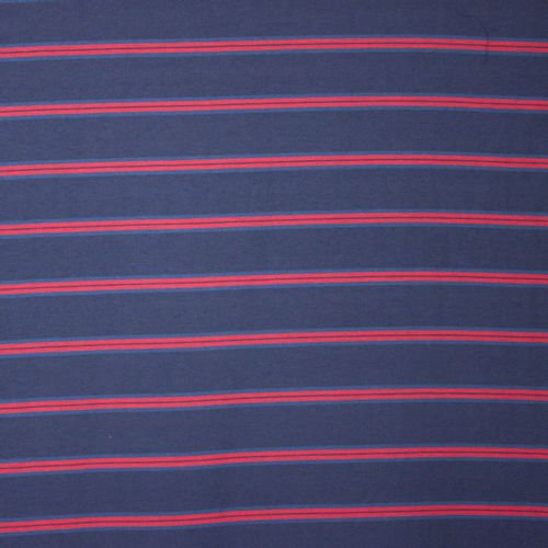 Donkerblauwe viscose - polyester mengeling met rode strepen