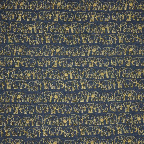 Doorgestikte sweaterstof in donkerblauw met gele olifanten