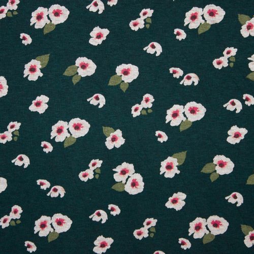 Groene polyester viscose tricot met bloemen