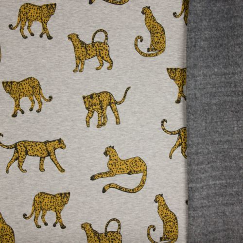 Grijze gemeleerde sweaterstof met luipaarden