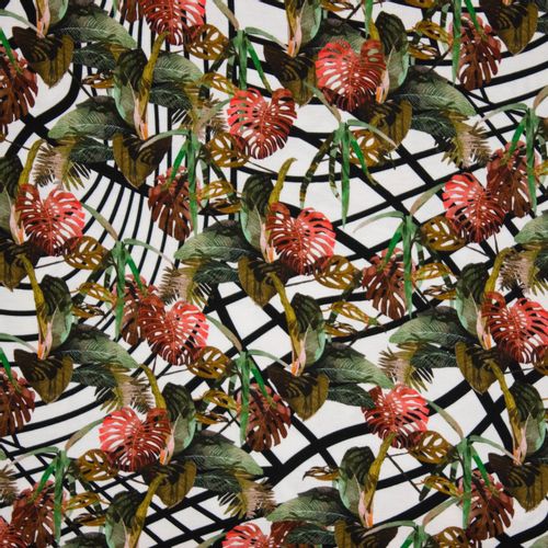 Witte viscose tricot met print van tropische bladeren - "Tropical Grid" van Penelope