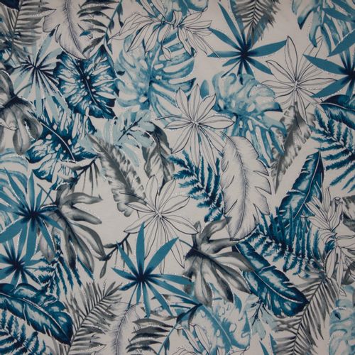Witte viscose tricot met print van blauwe en grijze bladeren