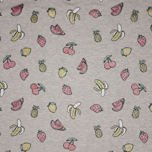 Grijze tricot met glitterend fruit motief
