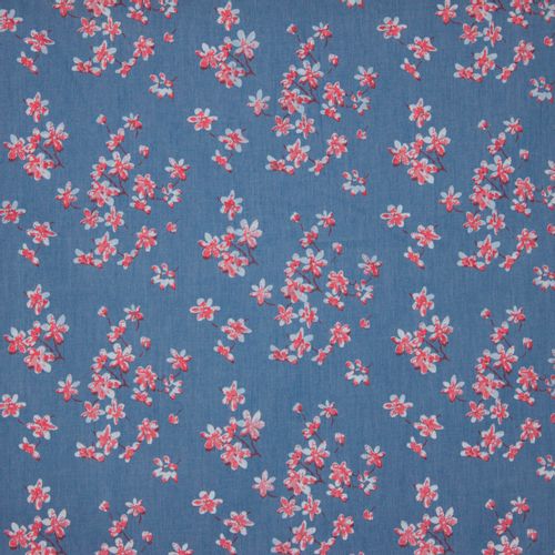 Blauwe katoenstof  'Jeans Flower' met licht rode bloemetjes