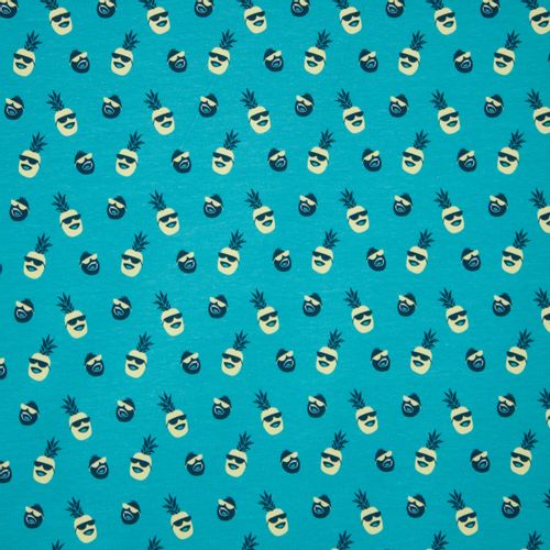 Turquoise tricot met ananassen  'Pina Coolada by Käselotti' - stoffen van leuven