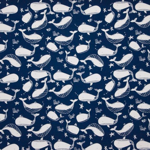 Donkerblauwe katoentricot met witte walvissen 'Vera'