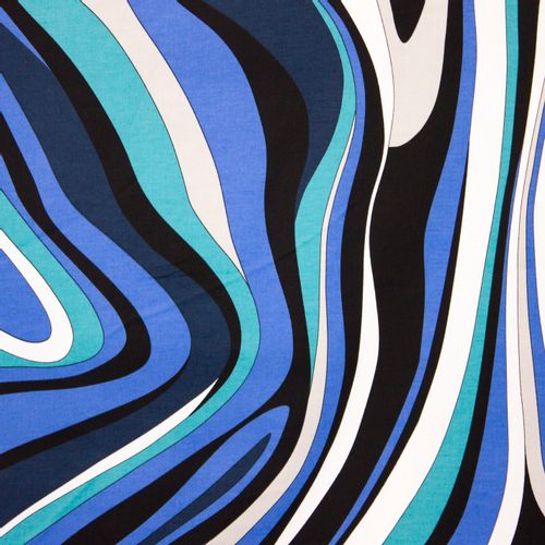 Katoen tricot met abstracte lijnen in blauwe en witte tinten